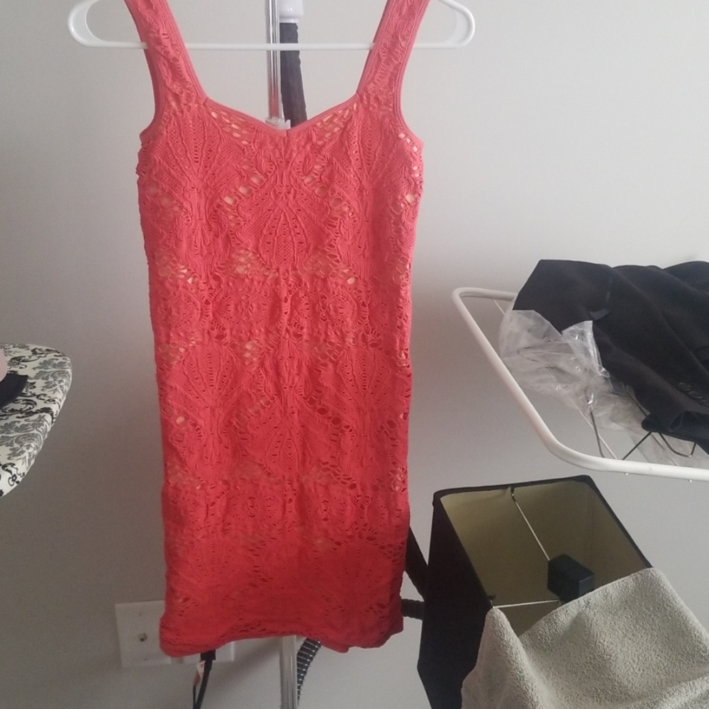 Coral lace overlay bodycon dress